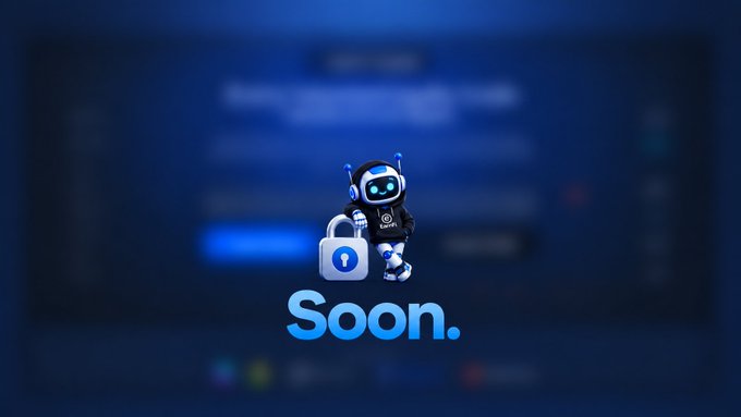 A small cartoon robot character stands on a blue padlock icon above the word 'Soon.' against a blurred blue user interface background.