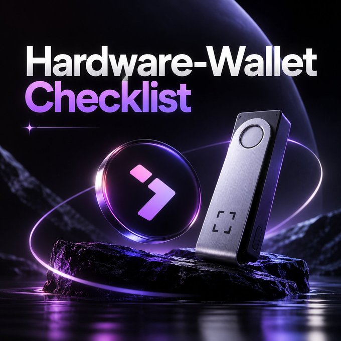 A digital graphic featuring the text 'Hardware-Wallet Checklist' alongside a metallic hardware wallet device and a purple logo against a dark space-themed background.