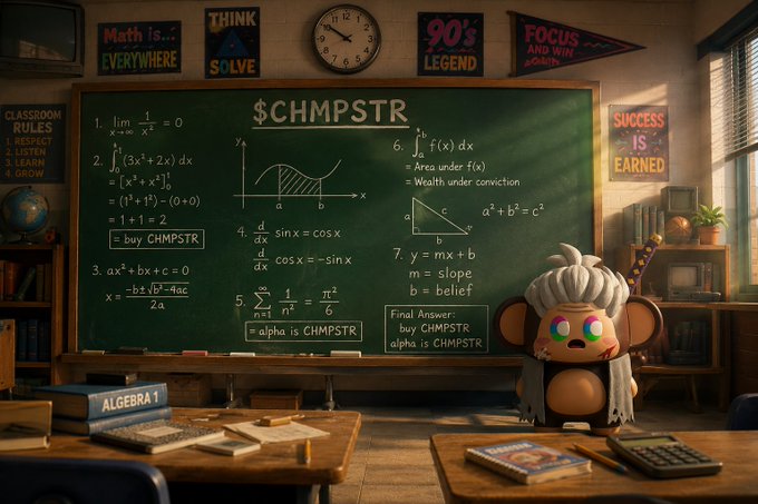 An elaborate meme depicting a classroom chalkboard with mathematical equations, graphs, and calculations, all solving to 'CHMPSTR' (CHIMPSTR), with a furry primate character standing beside it and various retro posters on the walls.