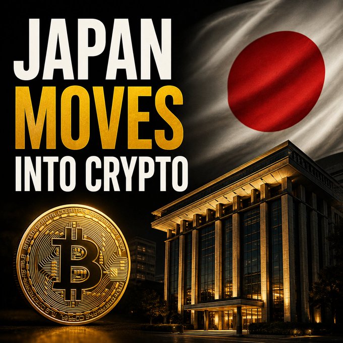 The image features a large Bitcoin coin, which is the main focus of the scene. The Bitcoin coin is placed next to a Japanese flag with a red circle on it, creating an interesting juxtaposition between the digital currency and traditional symbols like the national flag. Below this, there's text that reads "Japan moves into crypto", indicating the connection between Japan's interest in cryptocurrency and its move towards adopting it as part of their financial landscape.