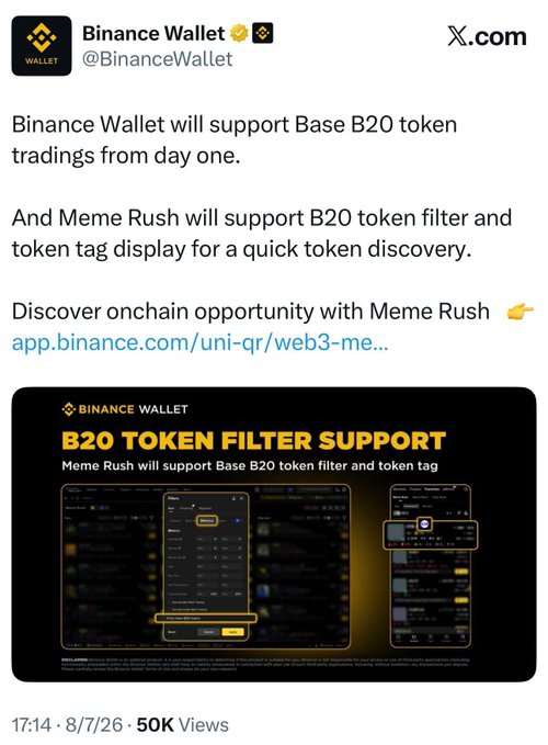 A tweet from Binance Wallet (@BinanceWallet) announcing support for Base B20 token tradings and Meme Rush's B20 token filter feature.