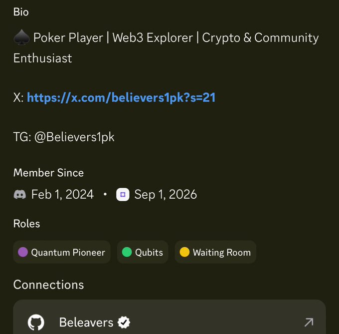 A user profile bio section identifying a 'Poker Player | Web3 Explorer | Crypto & Community Enthusiast' with X link believers1pk, Telegram @Believers1pk, member since Feb 2024, roles including Quantum Pioneer, and a connection to 'Beleavers'.