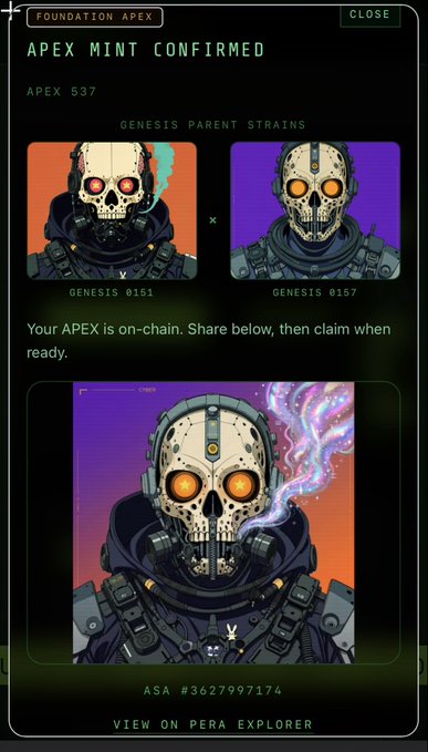 The image shows an "APEX MINT CONFIRMED" screen displaying a new Cyber Skulls APEX #537 NFT generated by combining Genesis parent strains #151 and #157, with the resulting skull artwork on an orange-purple gradient background. The confirmation includes the ASA ID #3627997174 and a link to view it on Pera Explorer, illustrating the AI-generated trait-mixing minting process mentioned in the post.