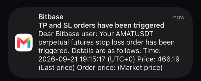 A Bitbase push notification informs user that their AMATUSDT perpetual futures stop loss order has been triggered at a last price of 466.19 on 2026-09-21, reflecting the trader's post about their stop loss being hit before going to sleep.