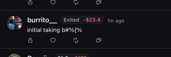 A user's profile "burrito__" shows an exited trade with a -$23.4 loss, posting "initial taking b#%!%" in frustration, humorously tying into the "itakeinitials.sol" theme of "taking" the loss on initials-themed tokens.