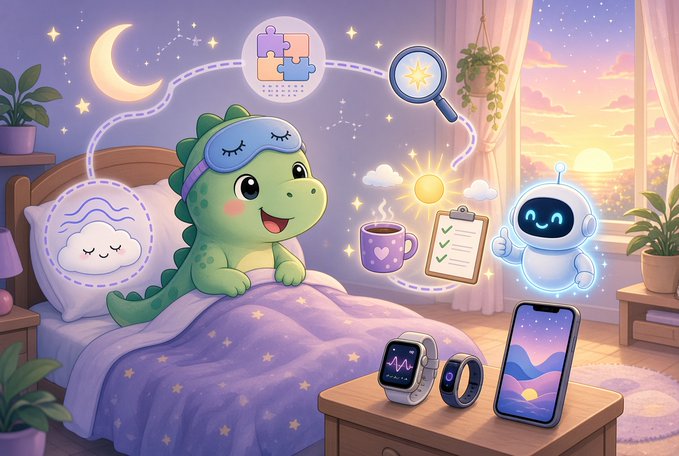 A cartoon green dinosaur wearing a sleep mask sits in a starry bedroom surrounded by floating icons representing sleep tracking, puzzles, a magnifying glass, a checklist, and a steaming mug of tea, with a robot friend and smartwatch on the nightstand.