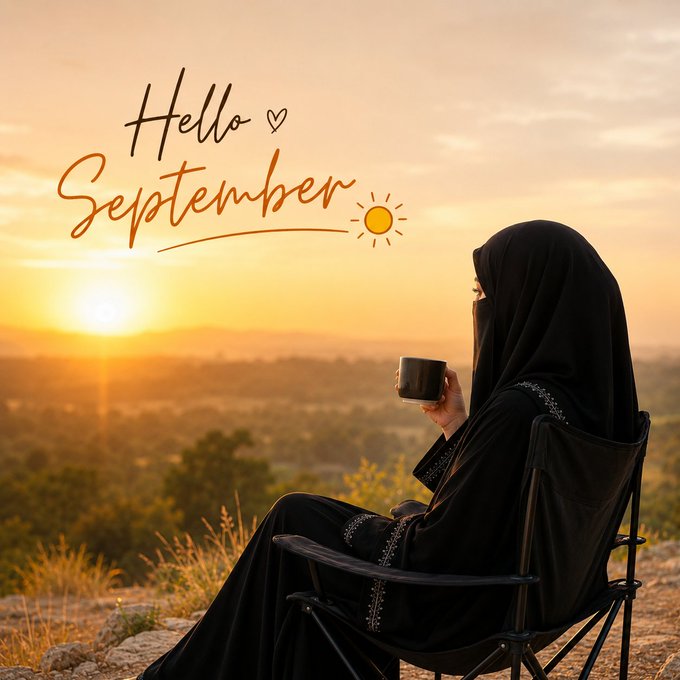 A woman in a black hijab sits in a folding chair holding a mug while overlooking a scenic sunset, with the handwritten text "Hello ♡ September ☀" displayed on the left—visually reinforcing the post's warm "Happy New Month" greeting and theme of mindful, peaceful reflection.