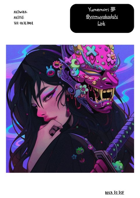 A digital artwork features a dark-haired woman alongside an ornate pink and purple demon mask with floral decorations, labeled 'ARTWORK: AKINSI' and 'SET ORIGINAL' with artist handle '@yomuyakadshi' and title 'Yumenari 夢'.