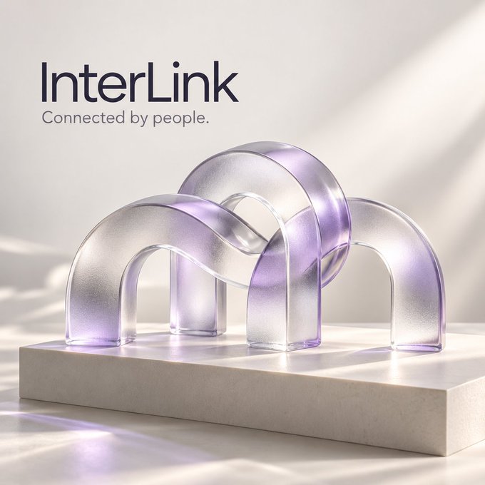 A sleek 3D promotional graphic for 'InterLink' features translucent purple interlocking ring sculptures with the tagline 'Connected by people.'