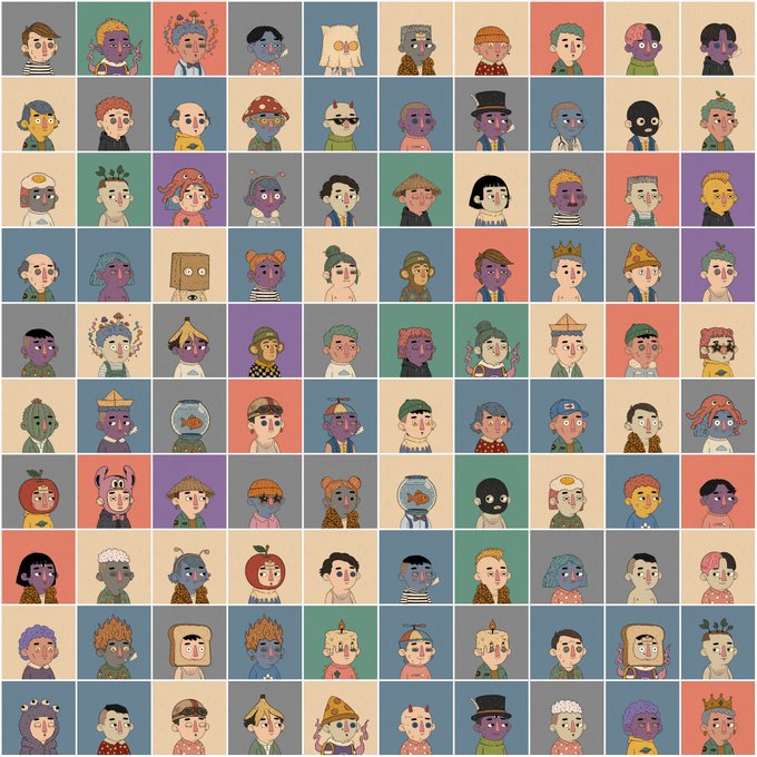 A 10x10 grid of 100 unique cartoon character portraits with quirky, colorful designs—featuring various skin tones, animal-themed heads, hats, and fantastical features—set against a pastel background palette. The image showcases what appears to be an NFT collection that the creator plans to mint extensively, highlighting the diversity and collectible nature of each piece.