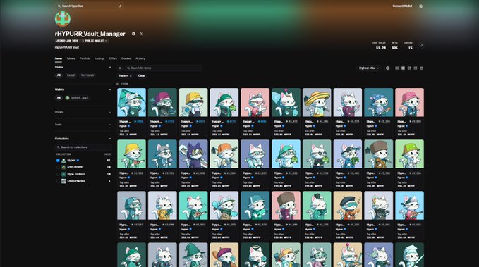 The image displays the "rHYPURR Vault Manager" interface on RabbitHole, showing a collection of Hypurr NFTs valued at $1.2K alongside various portfolio metrics. This relates to the post by illustrating a small 1% allocation to Hypurr NFTs, demonstrating how even a minor investment position can be tracked and managed through a vault interface.