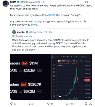 A Twitter/X screenshot showing @MidCurveMortal commenting that insiders and "servers" were still working for the FOMO team when there was an alleged $SCATE outage, quoting @imperooterxbt's post about "Parody" accounts noting that $SCATE insiders sold millions in supply on the chart dump from 80m-10m, with visible numbers showing $1.1M and $526.7K in sales and a market cap drop from $23.3M to $5.72M. The image supports the post's claim of suspicious insider dumping before a major price decline.