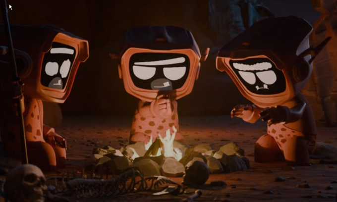 Three animated prehistoric characters in spotted clothing gather around a campfire, with one wearing sunglasses; a skull and bones lie in the foreground.