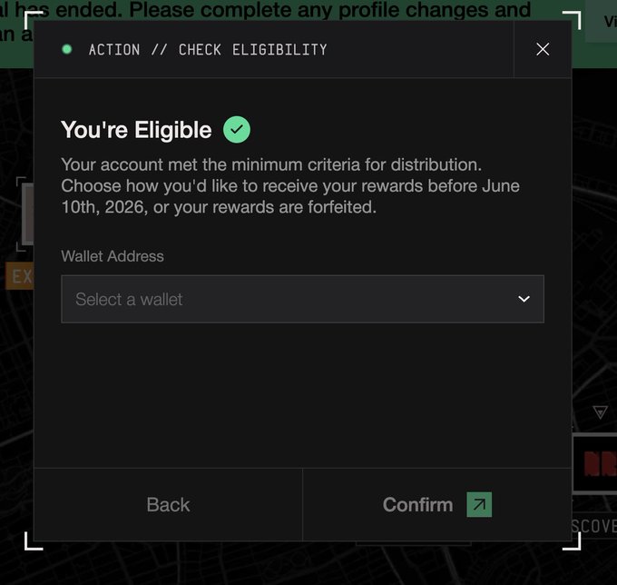 The image shows a window on a terminal displaying information about eligibility requirements for MegaETH Terminal Rewards. It displays two boxes with buttons, labeled "You're Eligible" and "Select a wallet". Below these options, there are two checkboxes that allow users to determine if they meet the minimum criteria before receiving their rewards or not. The post provides guidance on how to access and utilize the reward system for the upcoming months.