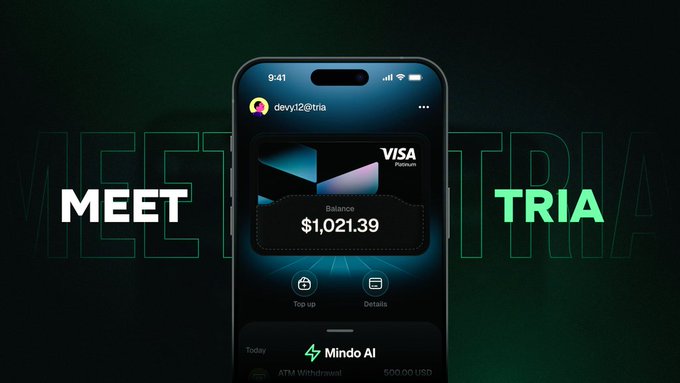 iphone screen displays a Visa payment app, with the text "meet triia" and a green border, accompanied by a black border and a white logo for Mindo AI.