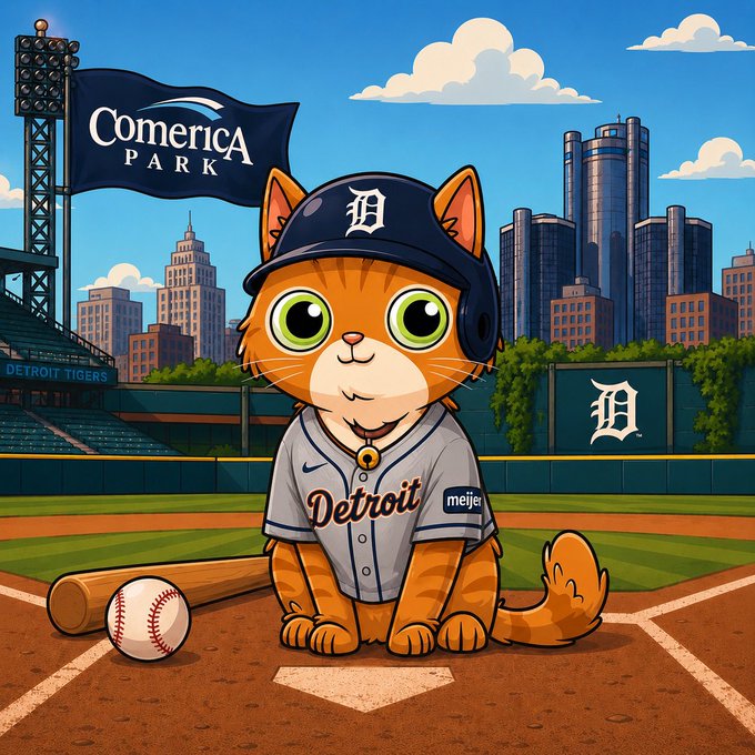 A cartoon illustration of a cute orange cat wearing a Detroit Tigers baseball cap and jersey, sitting on home plate at Comerica Park with the Detroit skyline in the background.