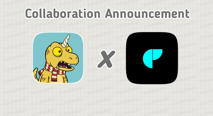 A "Collaboration Announcement" graphic displayed on a grid-patterned background, featuring the Chomperz NFT logo (a cartoon dinosaur wearing a scarf) alongside a black app icon with a teal "C" or "P" symbol, separated by an "x" to signify a partnership between the two brands. The image visually reinforces the post's promotion of a Chomperz NFT collaboration giveaway, encouraging users to follow and engage for a chance to win rewards.