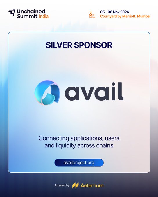 A sponsor graphic for “Unchained Summit India 3 Edition,” held 05–06 Nov 2025 at Courtyard by Marriott, Mumbai, names “avail” as a “SILVER SPONSOR” with the tagline “Connecting applications, users and liquidity across chains” and the URL “availproject.org.”
