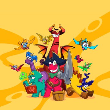 A colorful cartoon illustration of various dragons, including a central pink dragon dressed as a pirate with a sword and treasure chest, surrounded by smaller dragons on a yellow background.