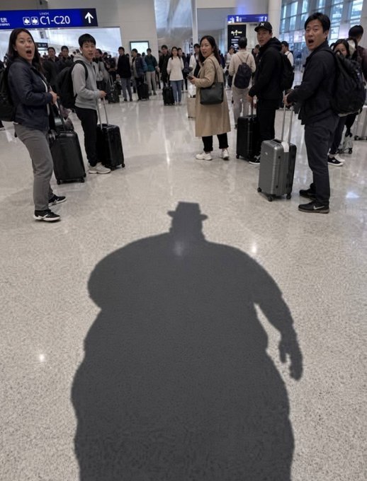 A shadow of a man wearing a hat is cast on an airport terminal floor, while travelers with rolling suitcases look on with surprise at the "C1-C20" gate sign visible overhead. The image captures the bold, carefree spirit of the $YOLO lifestyle—embodying the post's message to take chances fearlessly, as the confident shadowed figure stands out among onlookers without worrying about appearances.