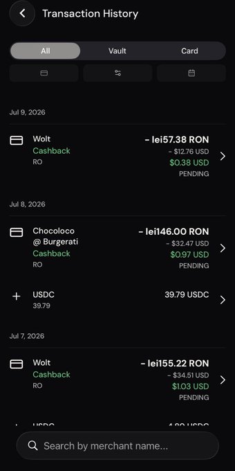 A mobile app transaction history screen showing tabs for 'All', 'Vault', and 'Card' with card transactions from Wolt and Chocoloco @ Burgerati, plus a USDC transfer, all in RON currency with cashback in USD.