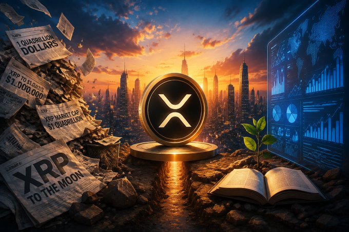 An AI-generated image featuring an XRP coin on a pedestal with newspapers displaying headlines like '1 QUADRILLION DOLLARS' and 'XRP TO THE MOON', set against a sunset cityscape.
