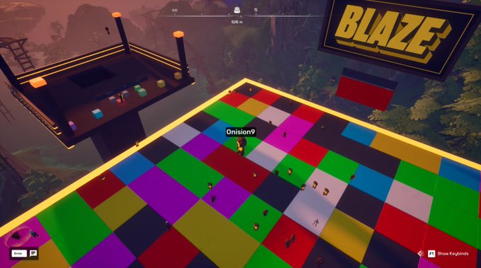 A video game screenshot shows a large colorful checkered platform with a "BLAZE" sign above, a character labeled "Onision9" in the center, and a similar platform structure visible in the background.