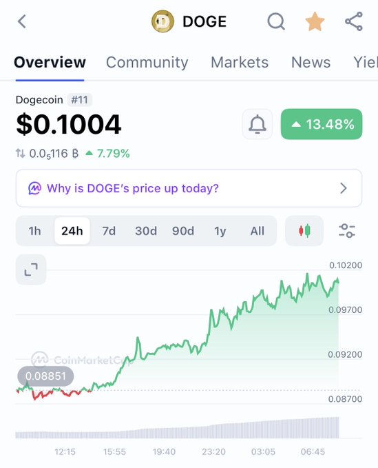 A cryptocurrency price tracking app screen showing Dogecoin (DOGE) at $0.1004, up 13.48%, with a 24-hour price chart trending upward, sourced from CoinMarketCap.