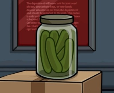 A 2D cartoon illustration of a glass jar filled with green pickles sitting on a cardboard box in front of a red bulletin board with partially visible text.