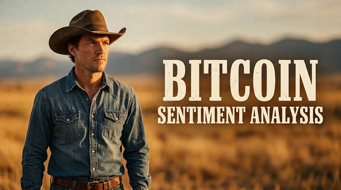 A thumbnail-style image showing a man in a cowboy hat and denim shirt standing in a field, with the text 'BITCOIN SENTIMENT ANALYSIS' displayed prominently.