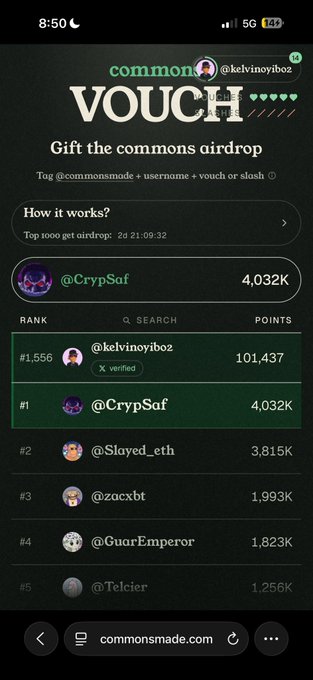 A screenshot from commonsmade.com shows a "VOUCH" airdrop leaderboard where user @kelvinoyibo2 has gifting 101,437 points to @CrypSaf, securing the #1,556 rank while @CrypSaf leads with 4,032K points ahead of @Slayed_eth, @zackbt, @GuarEmperor, and @Telcier. This visually confirms the poster's claim of participating in and vouching for others in the commons airdrop campaign.