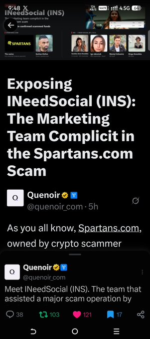 A mobile Twitter/X screenshot showing a post by Quenoir (@quenoir_com) titled "Exposing INeedSocial (INS): The Marketing Team Complicit in the Spartans.com Scam" with engagement metrics visible.
