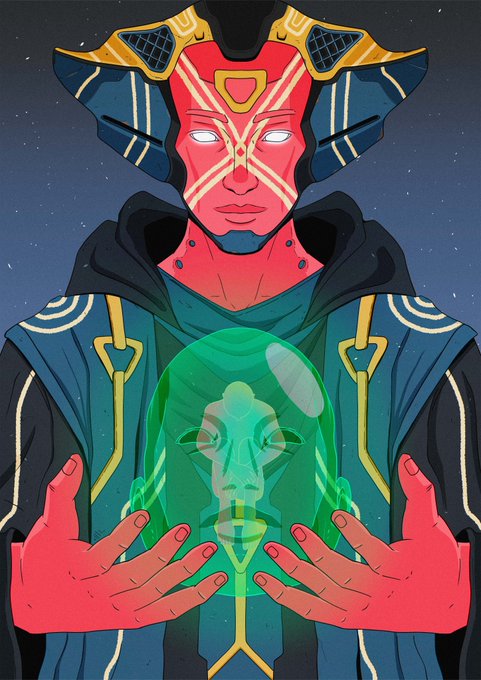 A stylized illustration depicts a red-skinned figure in ornate blue and gold robes and helmet, holding a glowing green orb containing a translucent skull-like face.