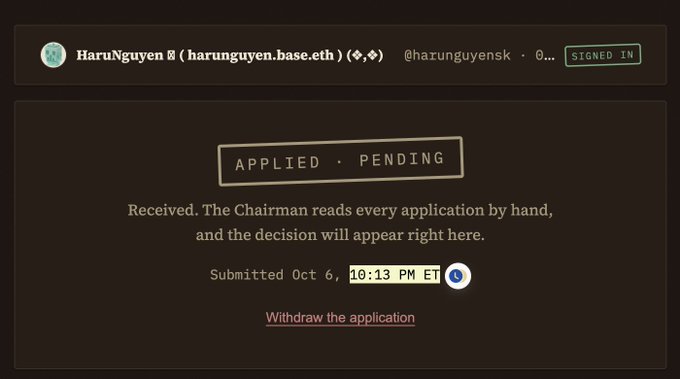 A Twitter application confirmation page for user 'HaruNguyen' (@harunguyensk) shows 'APPLIED · PENDING' status, with text noting 'The Chairman reads every application by hand, and the decision will appear right here.'
