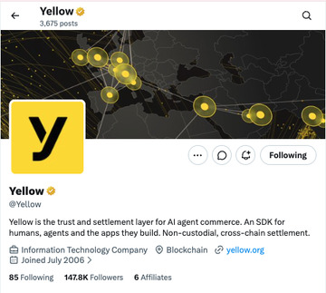 A Yellow profile screenshot shows the verified “Yellow” account with “3,875 posts,” a blockchain network map, and 85K following, 147.8K followers, and 6 affiliates. The company description says, “Yellow is the trust and settlement layer for AI agent commerce,” supporting the accompanying post’s discussion of Yellow’s direct connection to Ripple co-founder Chris Larsen and XRP.