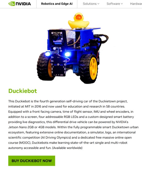 The image shows a blue Duckiebot—a small autonomous robot vehicle topped with a rubber duck—on an NVIDIA Robotics and Edge AI product page. It highlights the Duckiebot's features, including NVIDIA Jetson Nano processing, front-facing camera, time-of-flight sensor, IMU, wheel encoders, and programmable LEDs, supporting the post's emphasis on it being a hands-on AI/robotics learning platform powered by NVIDIA (NVDA).