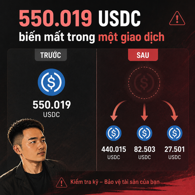 A Vietnamese warning graphic showing '550.019 USDC biến mất trong một giao dịch' (disappeared in one transaction), with the 550,019 USDC split into three smaller amounts: 440.015, 82.503, and 27.501 USDC.