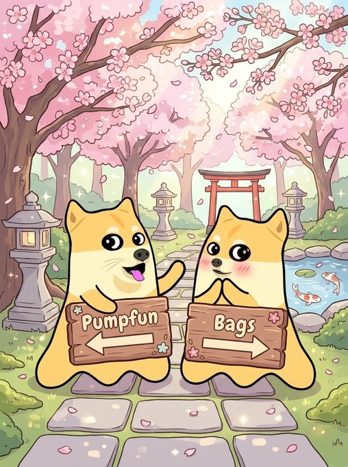 A cute cartoon illustration of two Shiba Inu dog characters holding wooden signs reading 'Pumpfun' (with left arrow) and 'Bags' (with right arrow) in a Japanese garden setting with cherry blossoms and koi pond.