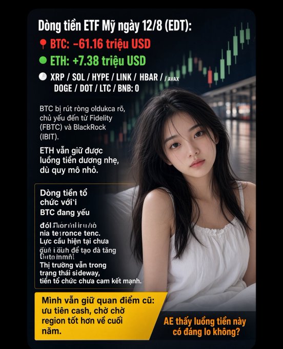 A Vietnamese financial graphic showing US ETF fund flows on 8/12 (EDT), with BTC down -$61.16 million and ETH up +$7.38 million, featuring a young woman and text stating institutional outflows continue while the poster maintains a cash-heavy strategy awaiting stronger bullish signals.