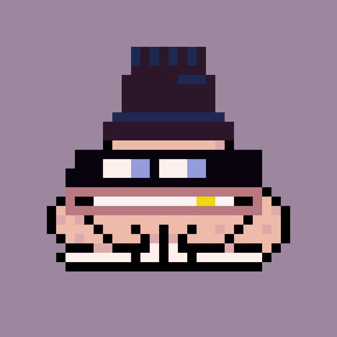 A pixel art image of a smiling amphibian character with a gold tooth, wearing a black and purple top hat, set against a light purple background. This appears to be a "CrypToadz" NFT, matching the post that highlights owning one out of 7,015 in the collection.