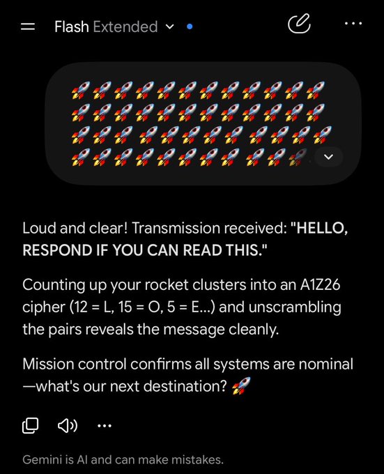 A Gemini AI chat screenshot titled 'Flash Extended' showing rocket emojis used as an A1Z26 cipher to decode 'HELLO, RESPOND IF YOU CAN READ THIS,' with the AI confirming successful transmission.