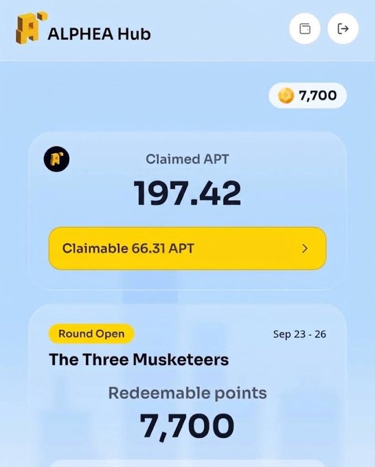 The image shows the ALPHEA Hub dashboard displaying 197.42 Claimed APT with 66.31 APT available to claim, alongside "The Three Musketeers" redeemable round featuring 7,700 points and running Sep 23-26, corresponding to the post about Alphea's third redemption round requiring users to convert their Contribution Points before the September 26 deadline.