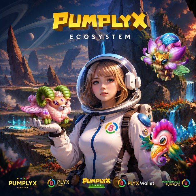 Digital artwork titled 'PUMPLYX ECOSYSTEM' featuring an anime-style astronaut girl with colorful fantasy creatures, promoting PUMPLYX, PLYX Token, PLYX Wallet, and Marketplace.