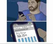 A person lies in bed checking their phone, which displays a screen time app showing "16h 35m" of daily usage, humorously implying that the bitcoin price tracker consumed nearly an entire day of screen time.