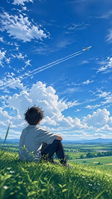 An anime-style illustration shows a dark-haired character sitting in a grassy field, gazing up at a blue cloudy sky where a rocket leaves white contrails.