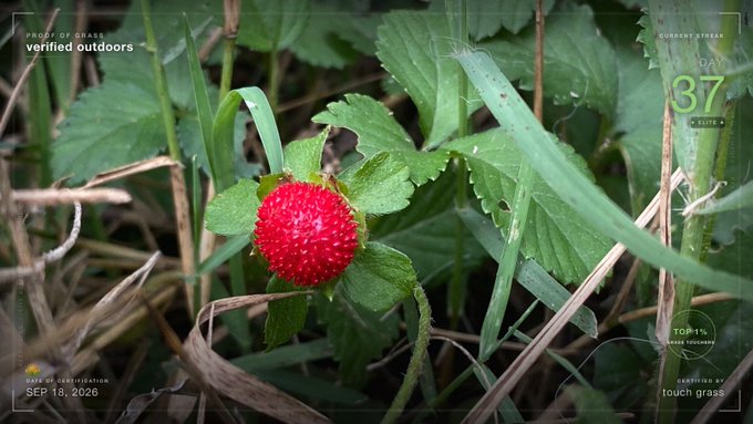 A close-up of a red wild strawberry among green leaves and grass, with overlay text including 'PROOF OF GRASS verified outdoors', 'CURRENT STREAM DAY 37', and 'SEP 16, 2026'.