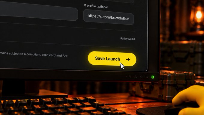 A close-up of a computer monitor displaying a yellow "Save Launch" button being clicked by a cursor, with an X profile link "https://x.com/bozodotfun" visible above on a dark interface.