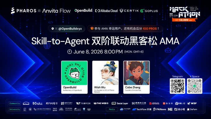 The image features a poster for a Hackathon event that takes place on June 8th at 8:00 PM. The poster displays three different images of people with their names, along with a description of each person's role in the hackathon. There are also logos and text related to the event, such as "Hackathon" and "OpenBuildxyz", which indicate that this is an open-source competition focused on technology and innovation. The poster includes various social media handles like @wishlonger and @hszcg, suggesting that attendees can connect with others who are participating in or interested in the event.