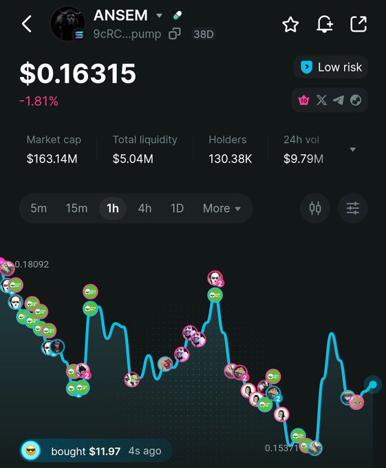 A mobile app screenshot showing the trading chart for the memecoin 'ANSEM' (ticker '9cRC...pump'), priced at '$0.16315' with a '-1.81%' change, a market cap of '$163.14M', and a recent purchase notification at the bottom.