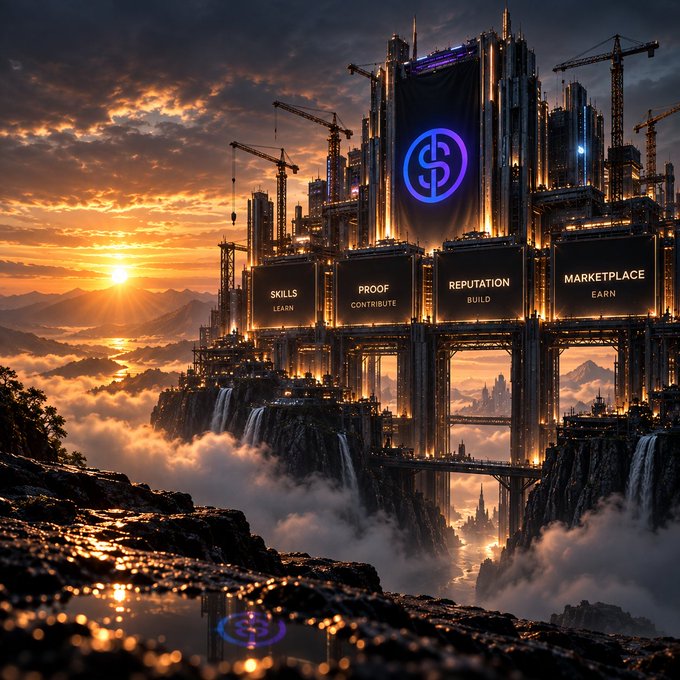 A dramatic sunset scene over a futuristic cityscape under construction, featuring illuminated billboards labeled 'SKILLS LEARN,' 'PROOF CONTRIBUTE,' 'REPUTATION BUILD,' and 'MARKETPLACE EARN,' with a large blue dollar sign emblem at the center.